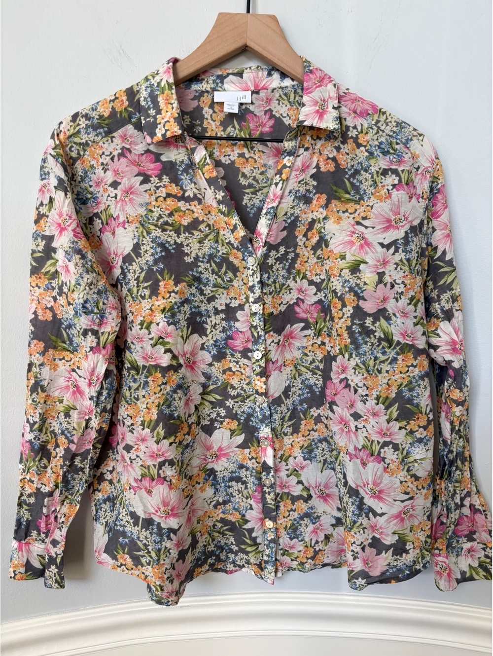 J.Jill Semi-Sheer Petite Floral Button-Up Shirt 70% Cotton 30% Silk Size Petite